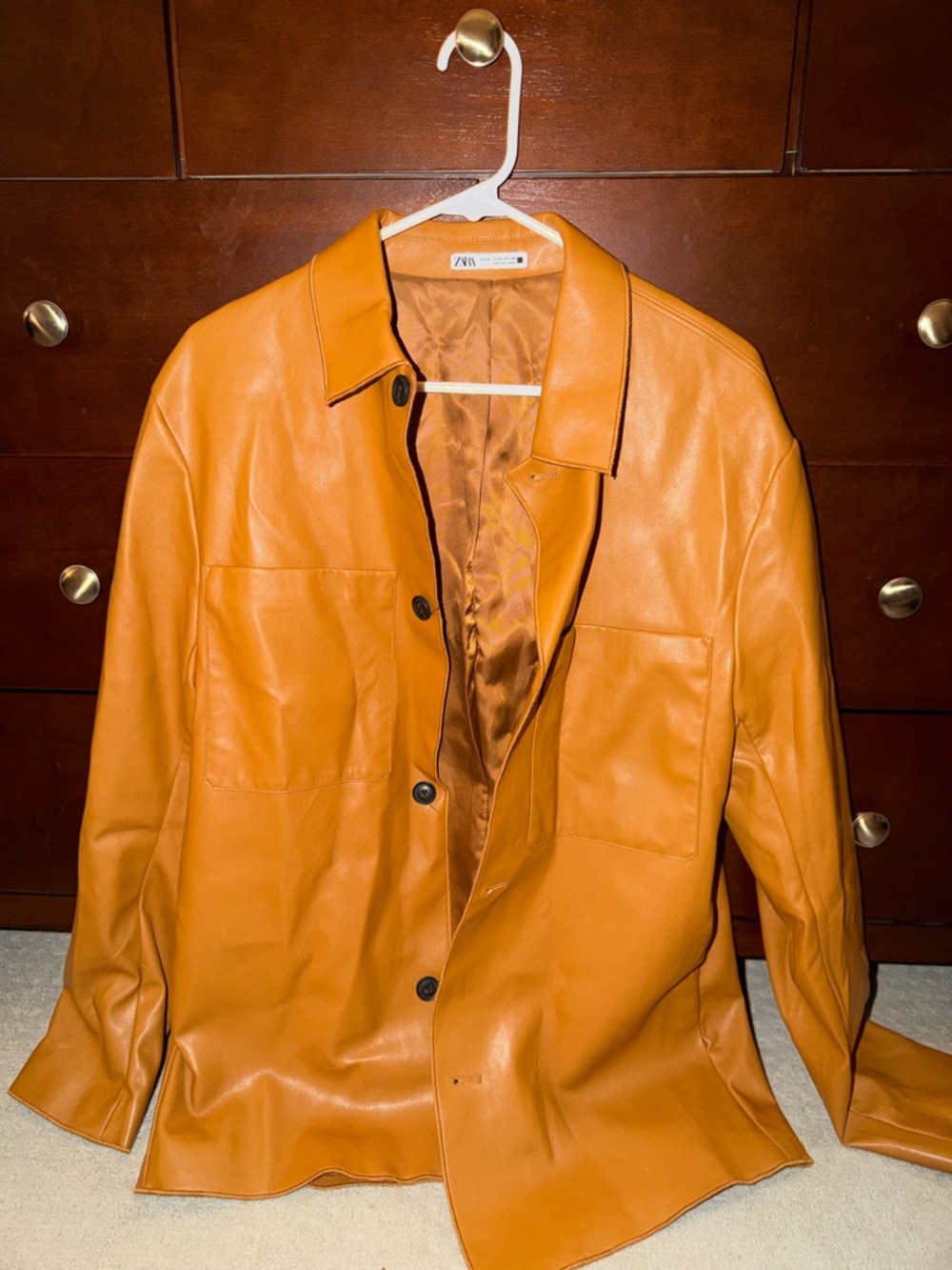 Zara MENS Orange Faux Leather Shirt Jacket